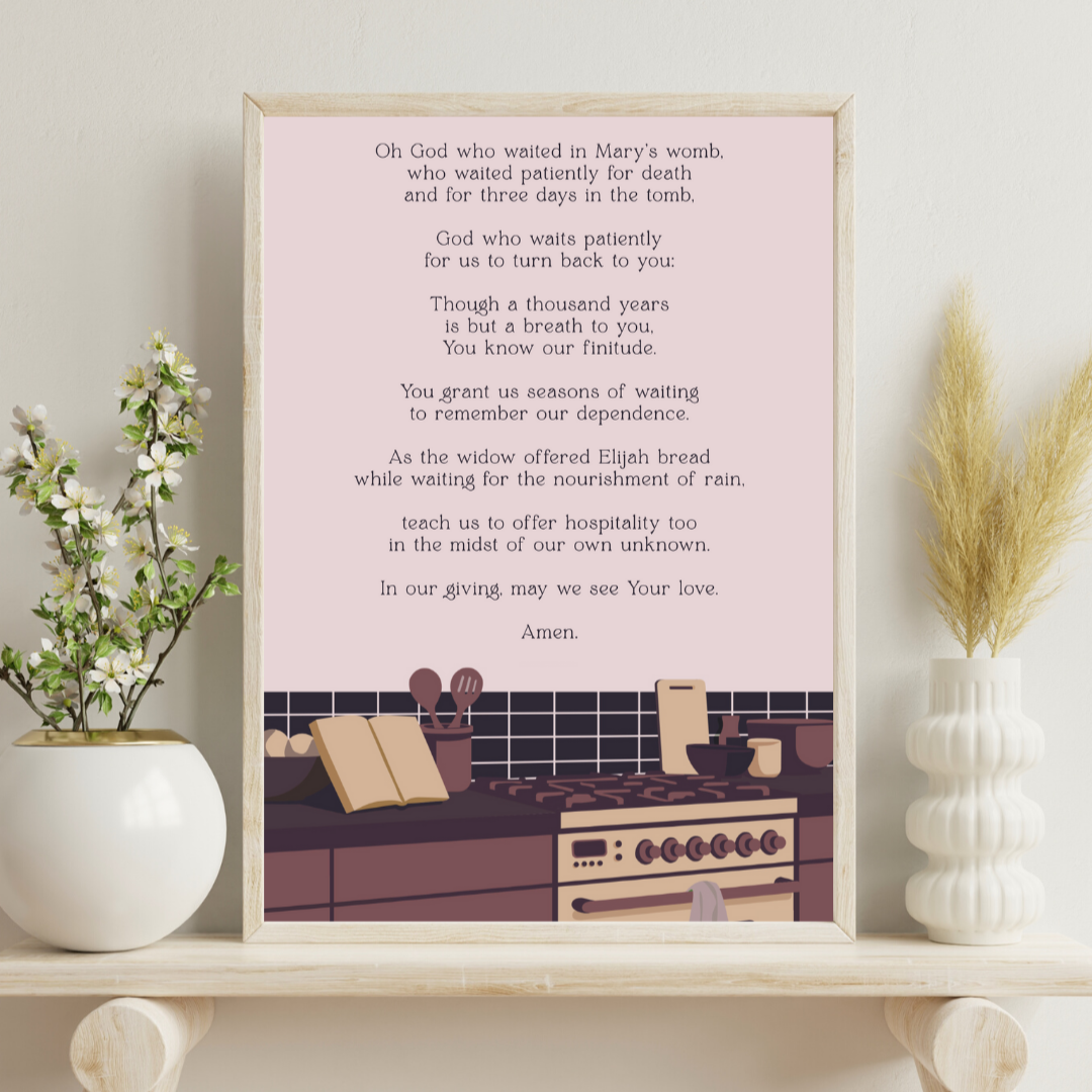 Framed print of a poem on a kitchen wall with decorative elements.