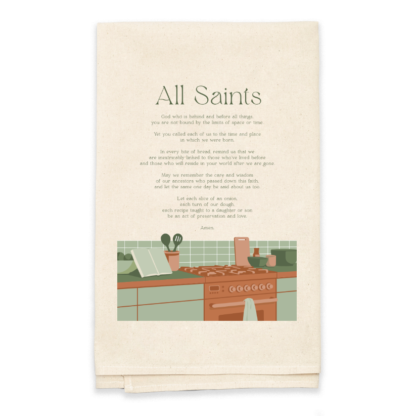 towel with 'All Saints' prayer and kitchen illustration on beige cover
